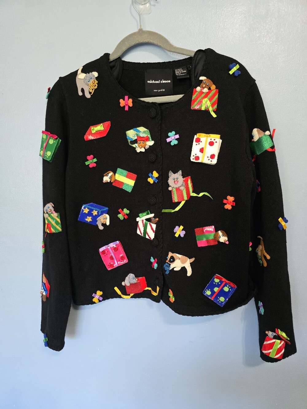 Michael Simon Embellished Gift & Puppy Christmas Cardigan S